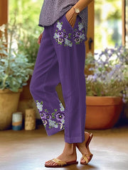 Women's Retro Floral Design Loose Pocket Patchwork Casual Pants