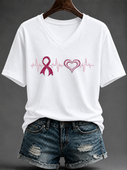T-shirt Rose Femme à Col V, Motif Battement de Cœur et Ruban Rose, Manches Courtes, Soutien à la Lutte contre le Cancer du Sein