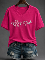 T-shirt Rose Femme à Col V, Motif Battement de Cœur et Ruban Rose, Manches Courtes, Soutien à la Lutte contre le Cancer du Sein