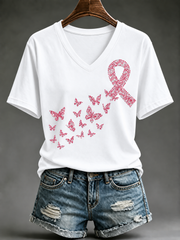 T-shirt Femme Envol de Papillons , Col V, Ruban Rose à Effet Strass, Manches Courtes Breast Cancer tshirt, Soutien contre le Cancer du Sein