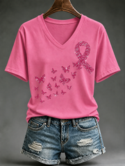 T-shirt Femme Envol de Papillons , Col V, Ruban Rose à Effet Strass, Manches Courtes Breast Cancer tshirt, Soutien contre le Cancer du Sein