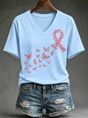 T-shirt Femme Envol de Papillons , Col V, Ruban Rose à Effet Strass, Manches Courtes Breast Cancer tshirt, Soutien contre le Cancer du Sein