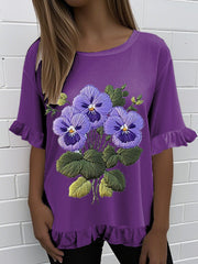 Women'S Retro Purple Floral Print Round Neck Ruffle Short Sleeve T-shirt