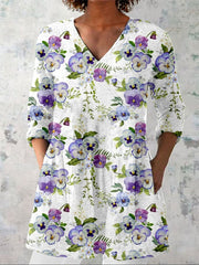 Women's Vintage Pansy Floral Print V-Neck Shirt