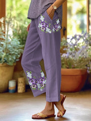 Women's Retro Floral Design Loose Pocket Patchwork Casual Pants