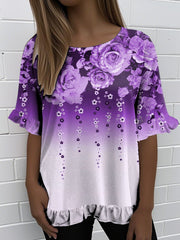 Women'S Retro Purple Floral Print Round Neck Ruffle Short Sleeve T-shirt