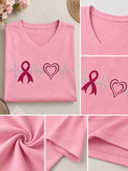 T-shirt Femme Ruban Rose, Col V, Manches Mi-longues, Motif Cœur et Battements de Cœur, Sensibilisation au Cancer du Sein