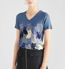 T-shirt mignon de chat de patchwork de V-Neck des femmes