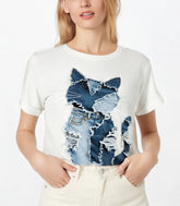 Motif de chat des femmes Denim Patchwork Art T-Shirt