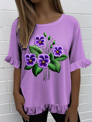Women'S Retro Purple Floral Print Round Neck Ruffle Short Sleeve T-shirt