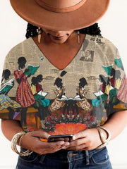 T-shirt à manches courtes à col en V imprimé graphique noir décontracté pour femme