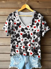 T-shirt à col en V Poker Cards Art Print pour femmes