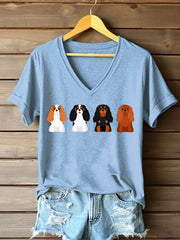 T-shirt Cavalier Dog Print à col en V Femme