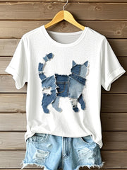 T-shirt mignon d'art de patchwork de denim du chat des femmes