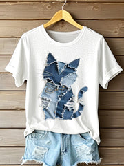 Motif de chat des femmes Denim Patchwork Art T-Shirt