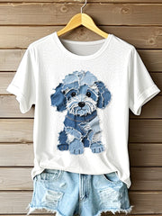 Chien mignon Denim Patchwork Art T-Shirt des femmes