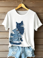 T-shirt mignon d'art de patchwork de denim du chat des femmes