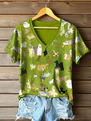 Chien mignon peinture à l'huile Art Print V-Neck T-Shirt des femmes