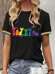 T-shirt à manches courtes Rainbow Cats Print Femme