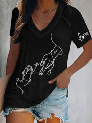 T-shirt décontracté imprimé à la main et à la patte pour femmes