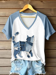 T-shirt mignon chat patchwork art v-cou des femmes