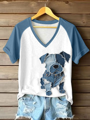 Chien Mignon Patchwork Art V-Neck T-Shirt Femme