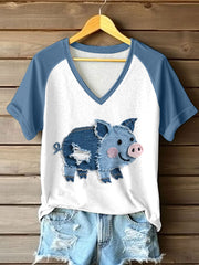 Cochon Mignon Patchwork Art V-Neck T-Shirt des femmes