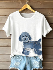 Chien Mignon Denim Patchwork Art T-shirt des femmes
