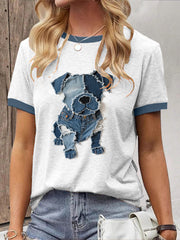 Chien Mignon Denim Patchwork Art T-shirt des femmes