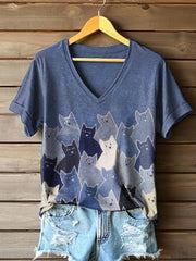 T-shirt mignon de chat de patchwork de V-Neck des femmes