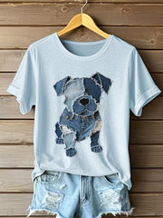Motif de chien Denim Patchwork Art T-Shirt des femmes