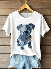 Motif de chien Denim Patchwork Art T-Shirt des femmes