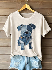 Motif de chien Denim Patchwork Art T-Shirt des femmes