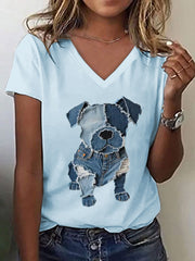 Modèle mignon de chien Patchwork Art V-Neck T-Shirt des femmes