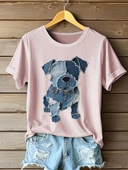 Motif de chien Denim Patchwork Art T-Shirt des femmes