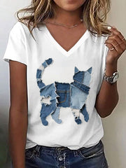 Motif de chat mignon Patchwork Art V-Neck T-Shirt des femmes