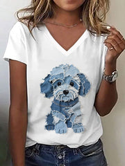 Chien Mignon Patchwork Art V-Neck T-Shirt Femme