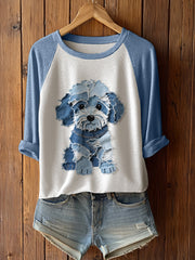 Femme Chien Mignon Patchwork Art Manches Longues T-Shirto