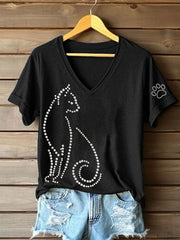 Strass Cat Art Imprimer V-Neck T-Shirt des femmes