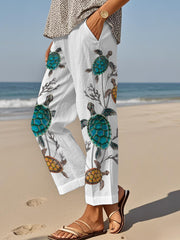 Pantalon Femme Neuf-Minute Coton Lin Imprimé Tortue De Mer