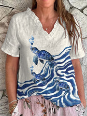 Top Femme Sea Turtle Print à Col en V