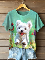 Chien mignon peinture à l'huile Art manches courtes T-shirt des femmes