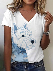 T-shirt à col en V West Highland White Terrier Patchwork Art Femme