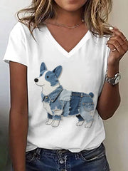 Lovely Corgi Pattern Patchwork Art T-Shirt des femmes
