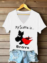 T-shirt à manches courtes col en V imprimé Scottish Terrier pour femmes