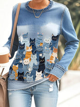 Sweat femme en denim imprimé chat