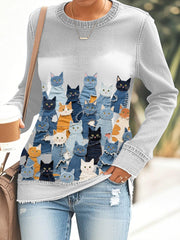 Sweat femme en denim imprimé chat
