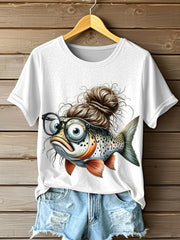 T-shirt décontracté à imprimé poisson drôle pour femmes