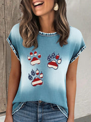 T-shirt de patte de chat de denim de drapeau du jour de l'indépendance des femmes