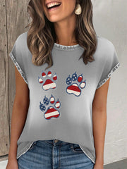 T-shirt de patte de chat de denim de drapeau du jour de l'indépendance des femmes